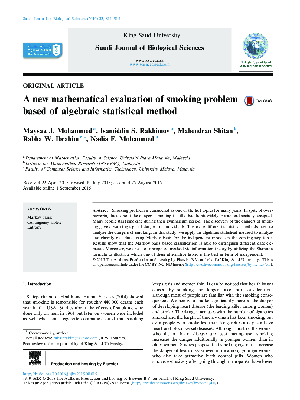 A new mathematical evaluation of smoking problem based of algebraic statistical method 