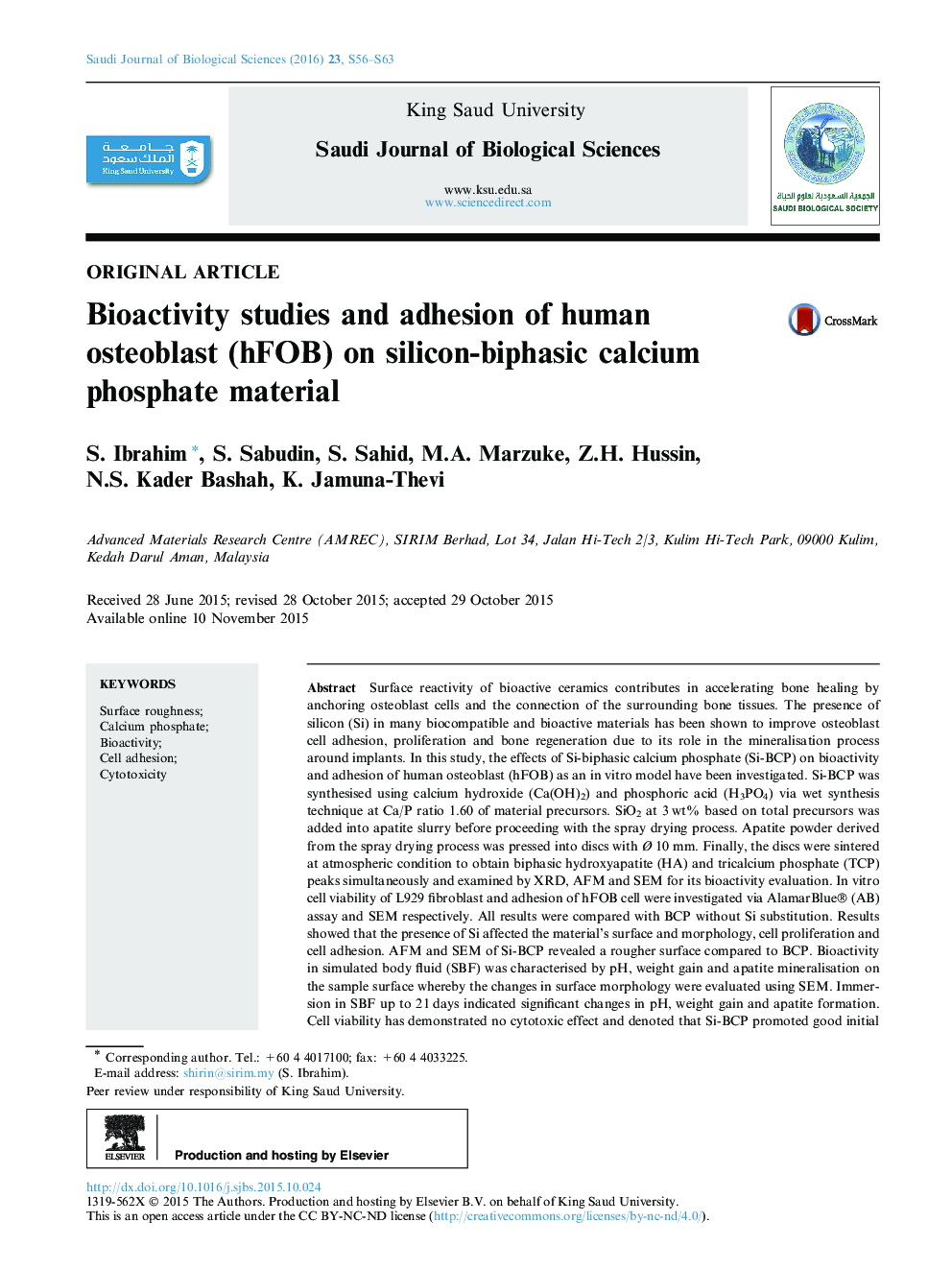 Bioactivity studies and adhesion of human osteoblast (hFOB) on silicon-biphasic calcium phosphate material