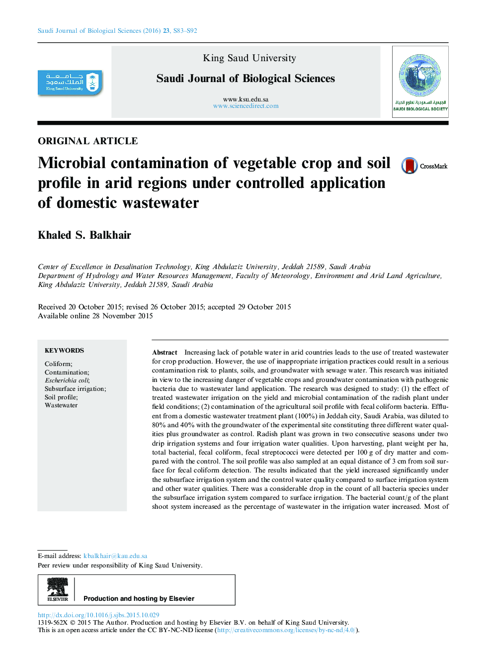 Microbial contamination of vegetable crop and soil profile in arid regions under controlled application of domestic wastewater 
