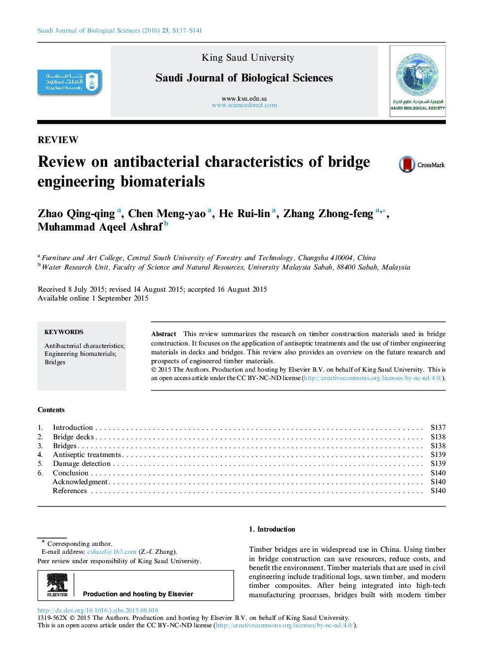 Review on antibacterial characteristics of bridge engineering biomaterials 