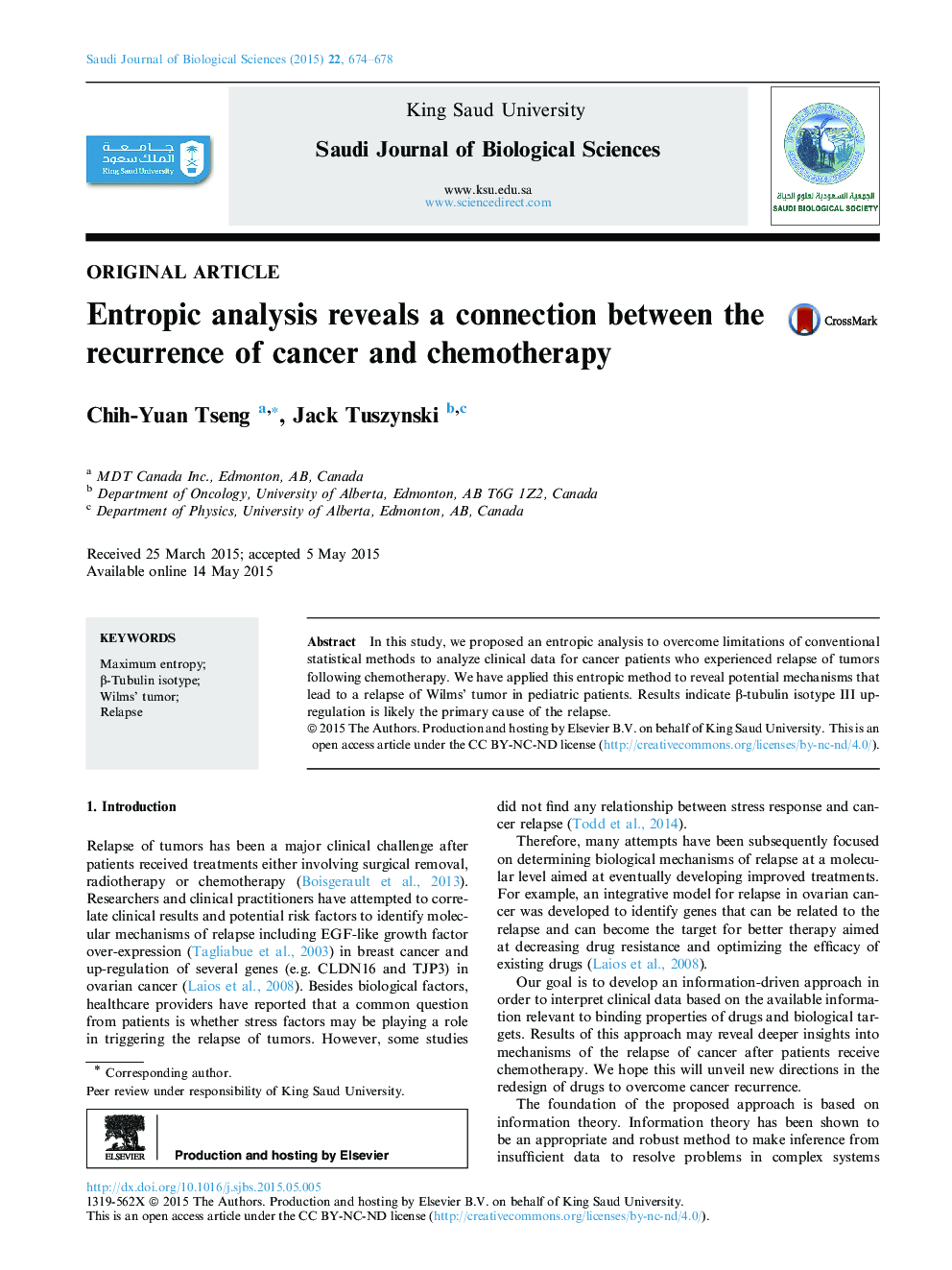 Entropic analysis reveals a connection between the recurrence of cancer and chemotherapy 