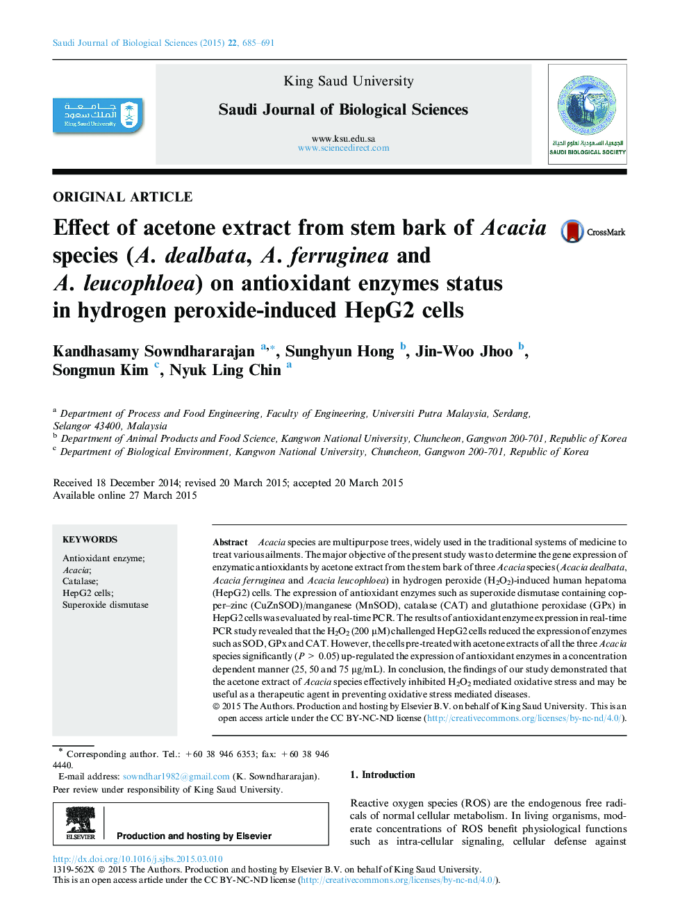 Effect of acetone extract from stem bark of Acacia species (A. dealbata, A. ferruginea and A. leucophloea) on antioxidant enzymes status in hydrogen peroxide-induced HepG2 cells 