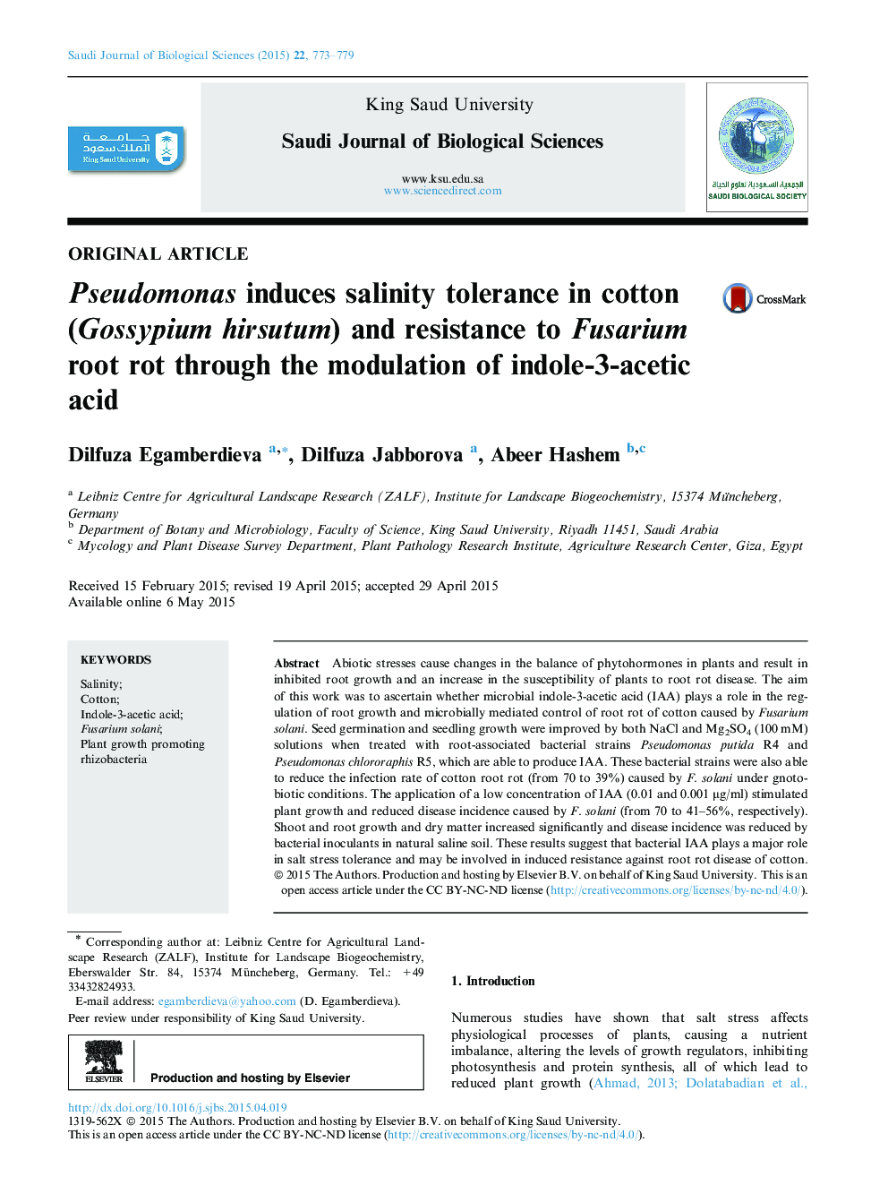 Pseudomonas induces salinity tolerance in cotton (Gossypium hirsutum) and resistance to Fusarium root rot through the modulation of indole-3-acetic acid 