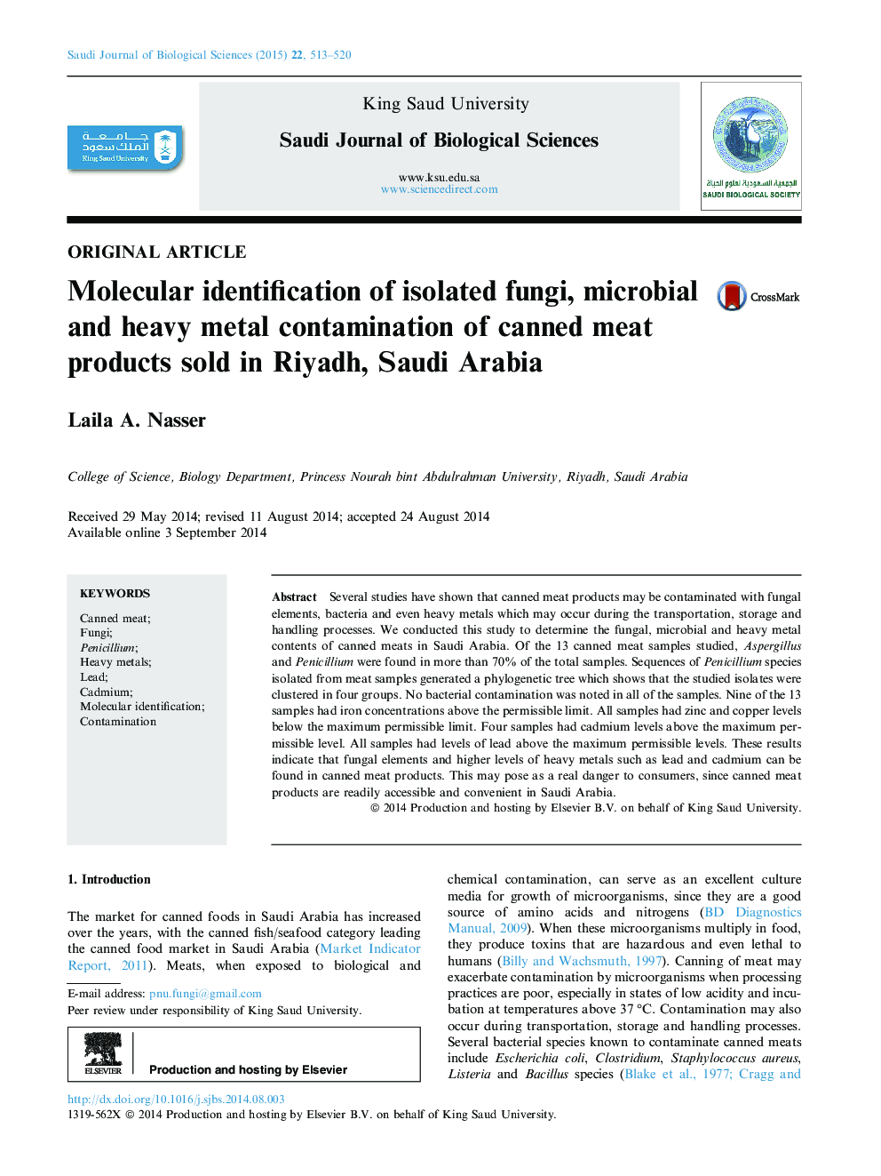 Molecular identification of isolated fungi, microbial and heavy metal contamination of canned meat products sold in Riyadh, Saudi Arabia 