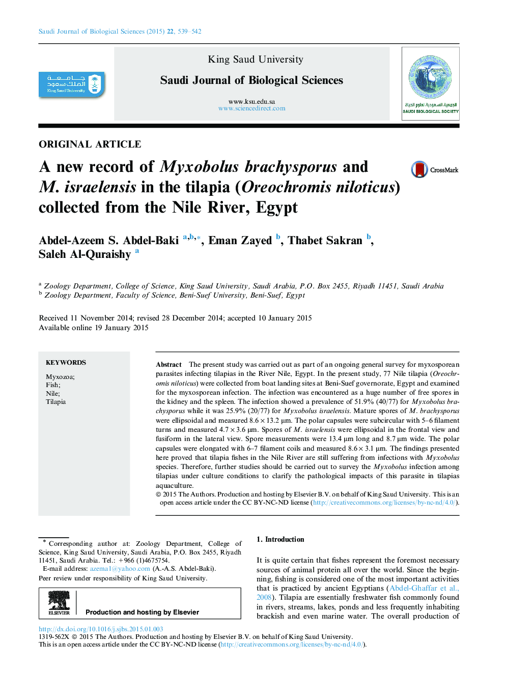 A new record of Myxobolus brachysporus and M. israelensis in the tilapia (Oreochromis niloticus) collected from the Nile River, Egypt 