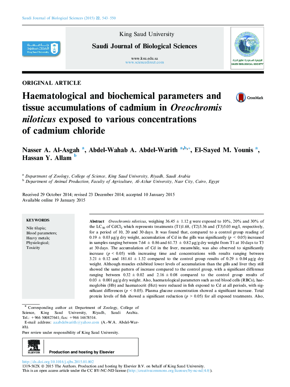 Haematological and biochemical parameters and tissue accumulations of cadmium in Oreochromis niloticus exposed to various concentrations of cadmium chloride 