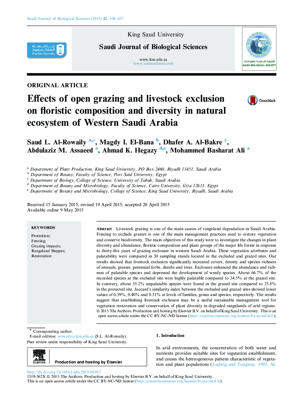 Effects of open grazing and livestock exclusion on floristic composition and diversity in natural ecosystem of Western Saudi Arabia 
