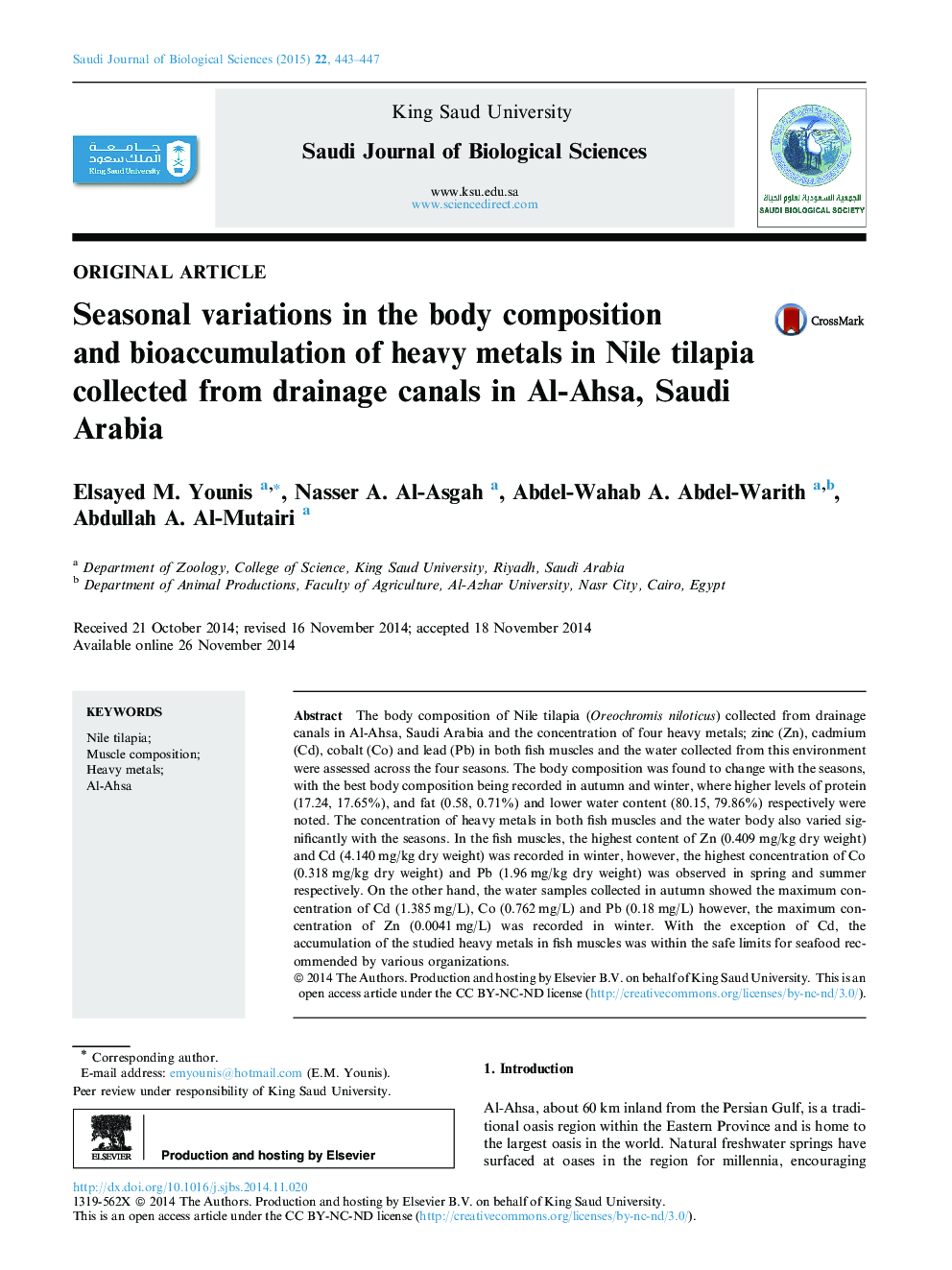 Seasonal variations in the body composition and bioaccumulation of heavy metals in Nile tilapia collected from drainage canals in Al-Ahsa, Saudi Arabia 
