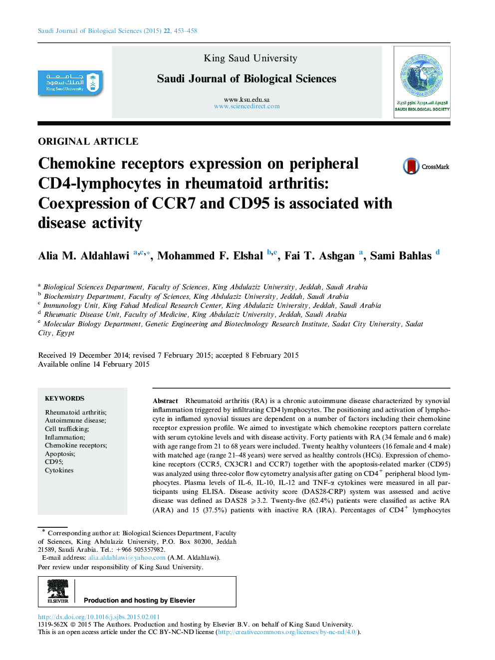 Chemokine receptors expression on peripheral CD4-lymphocytes in rheumatoid arthritis: Coexpression of CCR7 and CD95 is associated with disease activity 