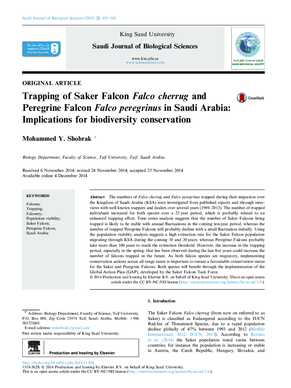 Trapping of Saker Falcon Falco cherrug and Peregrine Falcon Falco peregrinus in Saudi Arabia: Implications for biodiversity conservation 