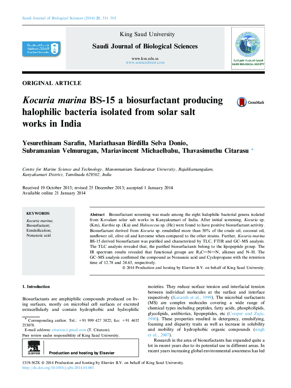 Kocuria marina BS-15 a biosurfactant producing halophilic bacteria isolated from solar salt works in India 