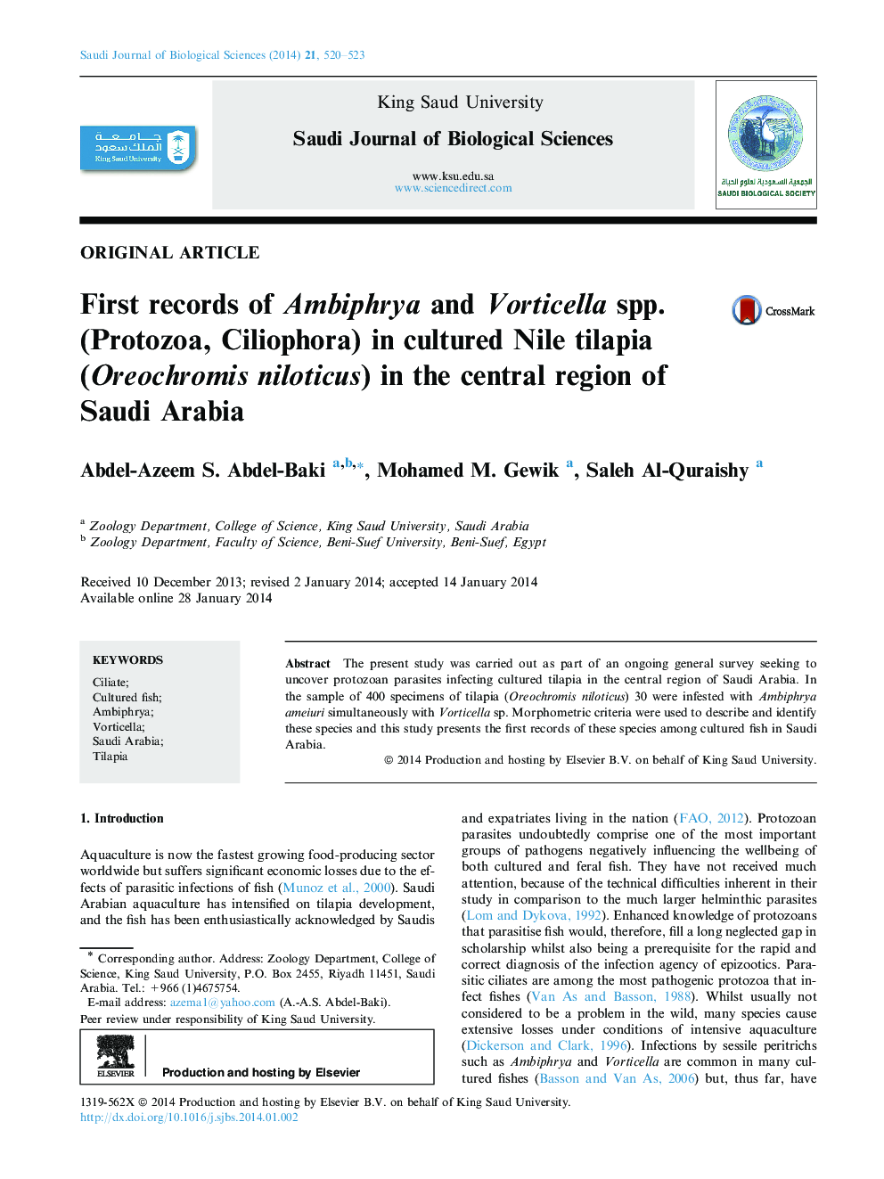 First records of Ambiphrya and Vorticella spp. (Protozoa, Ciliophora) in cultured Nile tilapia (Oreochromis niloticus) in the central region of Saudi Arabia 