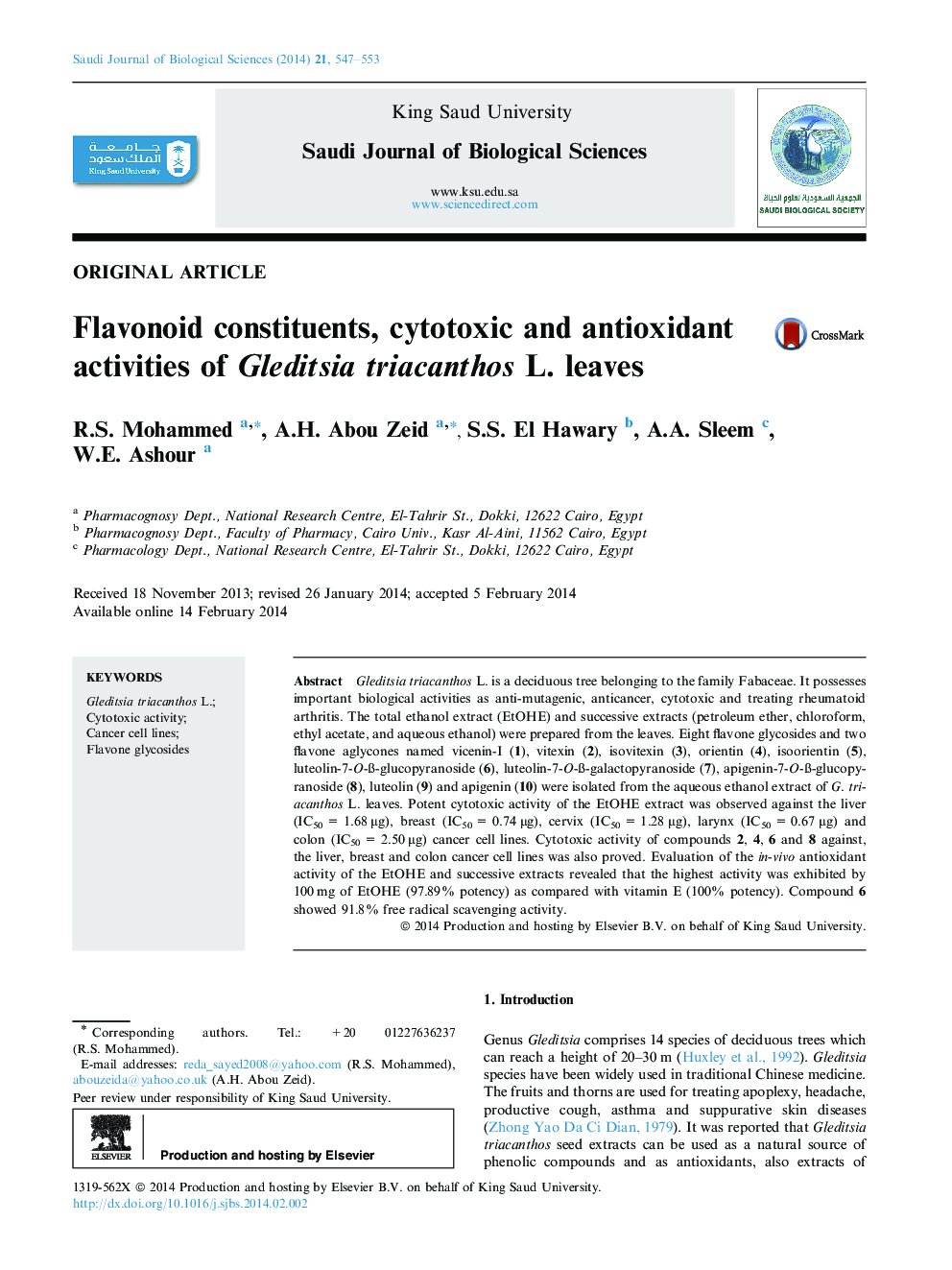 Flavonoid constituents, cytotoxic and antioxidant activities of Gleditsia triacanthos L. leaves 