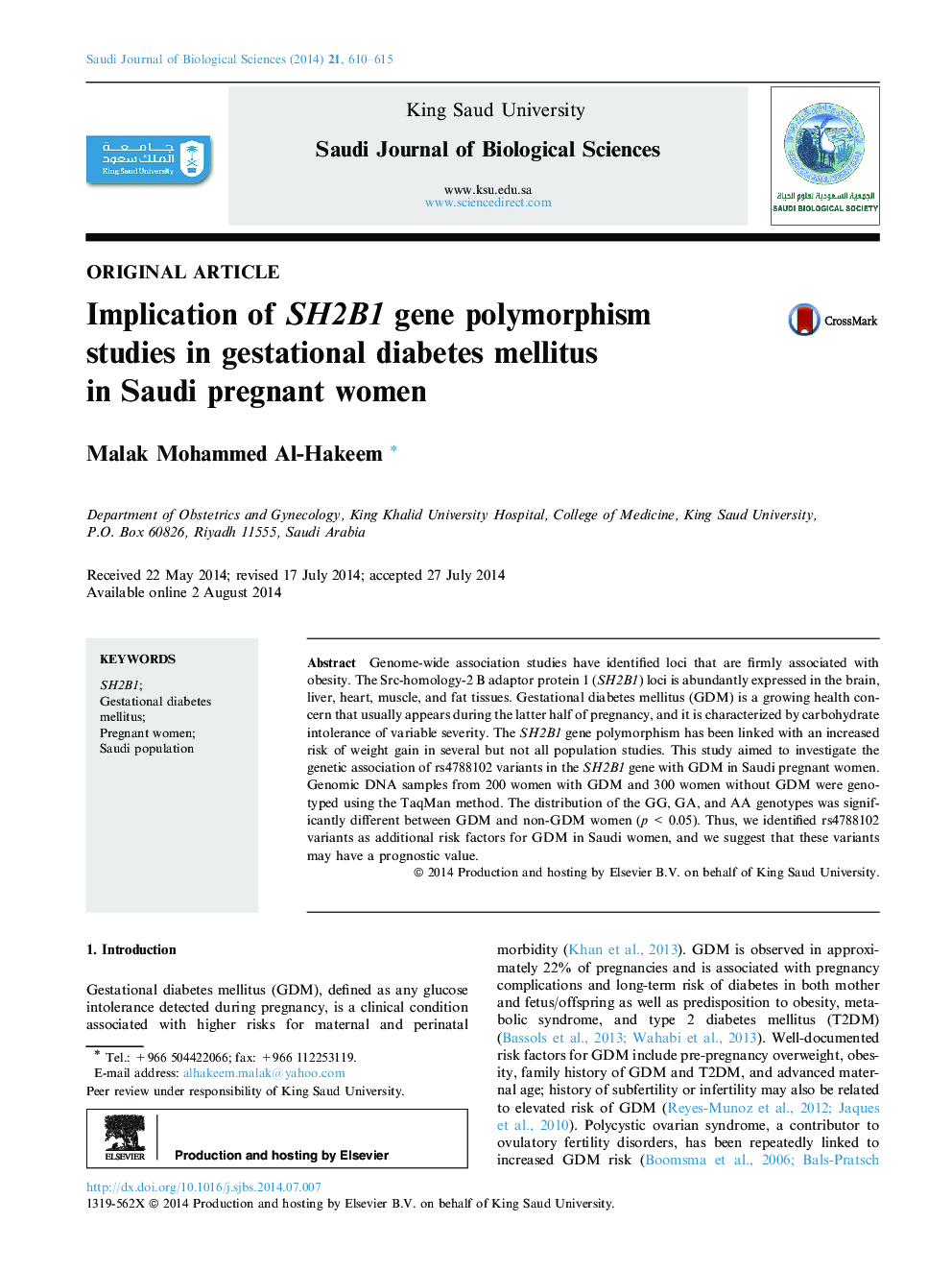 Implication of SH2B1 gene polymorphism studies in gestational diabetes mellitus in Saudi pregnant women 