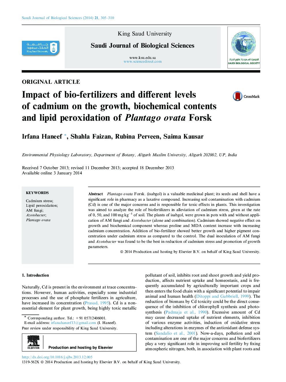 Impact of bio-fertilizers and different levels of cadmium on the growth, biochemical contents and lipid peroxidation of Plantago ovata Forsk 