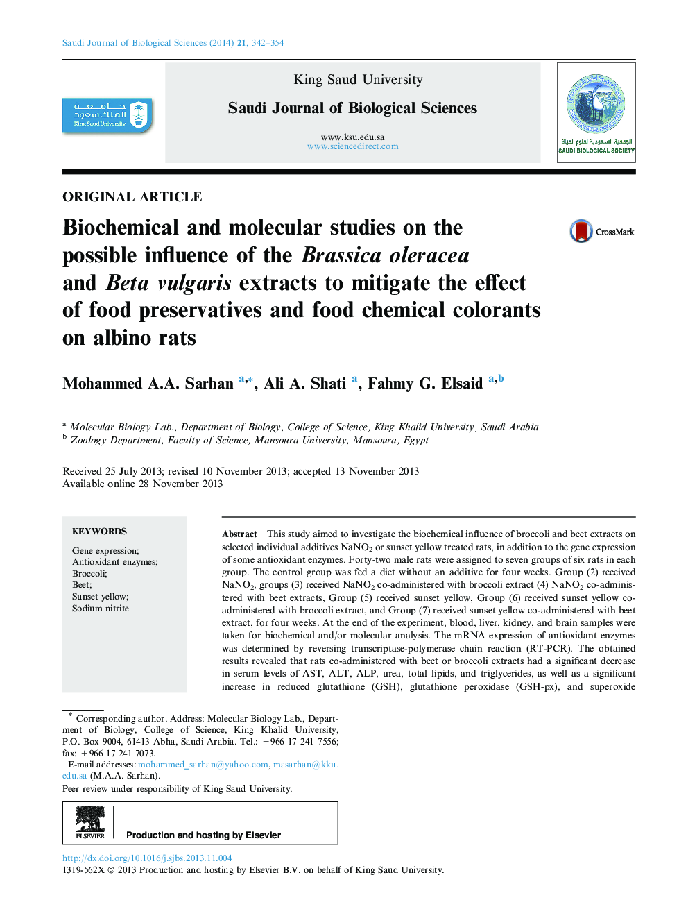 Biochemical and molecular studies on the possible influence of the Brassica oleracea and Beta vulgaris extracts to mitigate the effect of food preservatives and food chemical colorants on albino rats 