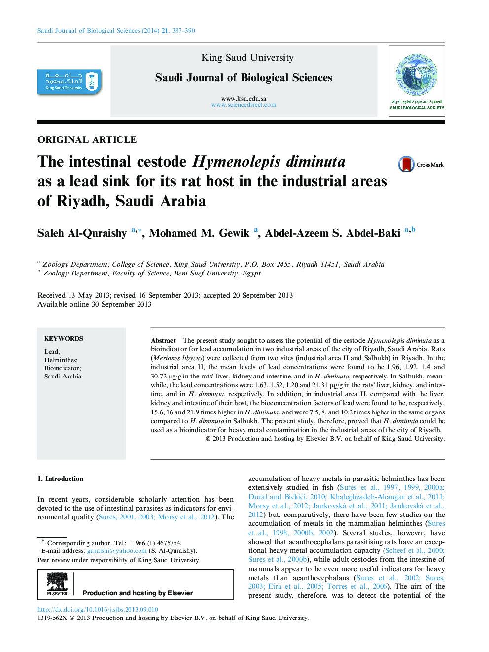 The intestinal cestode Hymenolepis diminuta as a lead sink for its rat host in the industrial areas of Riyadh, Saudi Arabia 