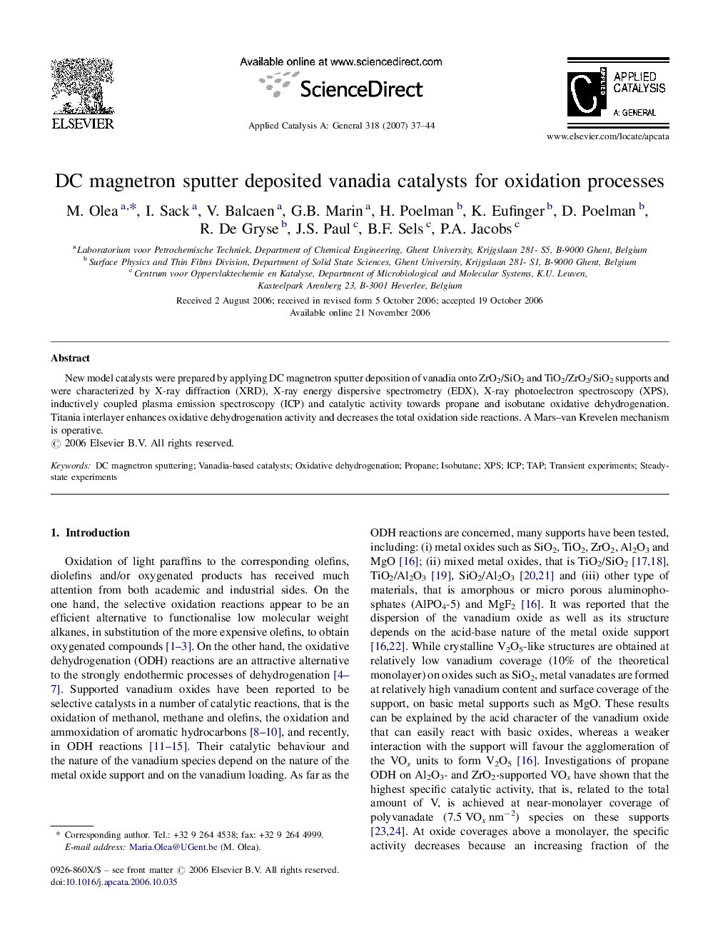 DC magnetron sputter deposited vanadia catalysts for oxidation processes