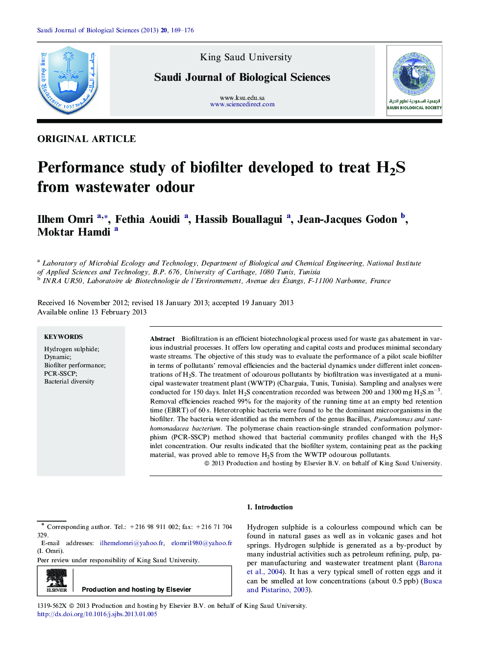 Performance study of biofilter developed to treat H2S from wastewater odour 