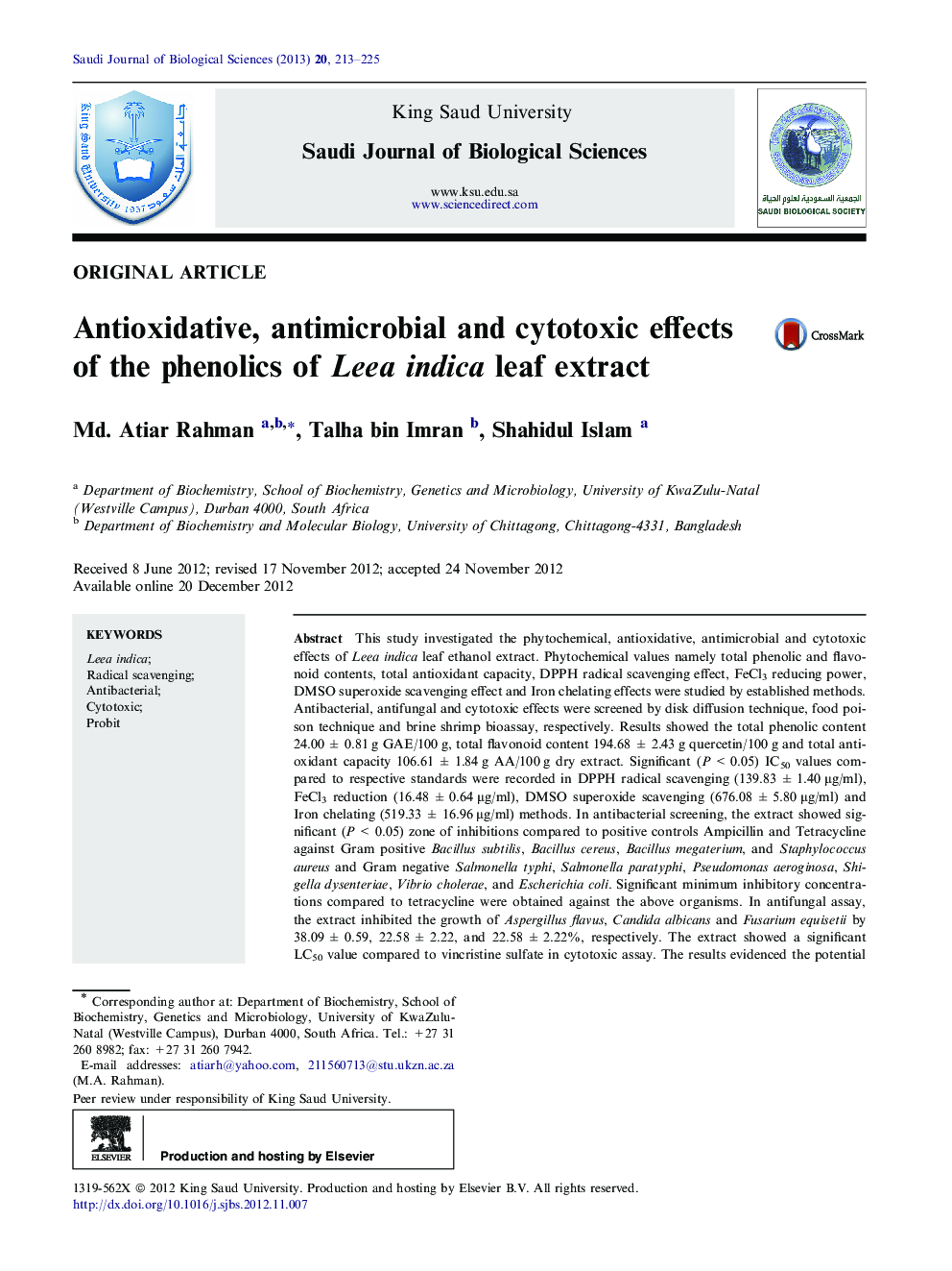 Antioxidative, antimicrobial and cytotoxic effects of the phenolics of Leea indica leaf extract 