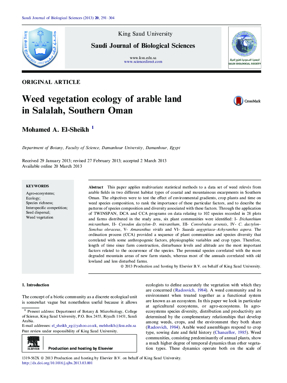 Weed vegetation ecology of arable land in Salalah, Southern Oman 