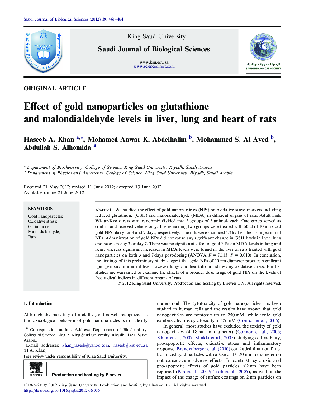 Effect of gold nanoparticles on glutathione and malondialdehyde levels in liver, lung and heart of rats 