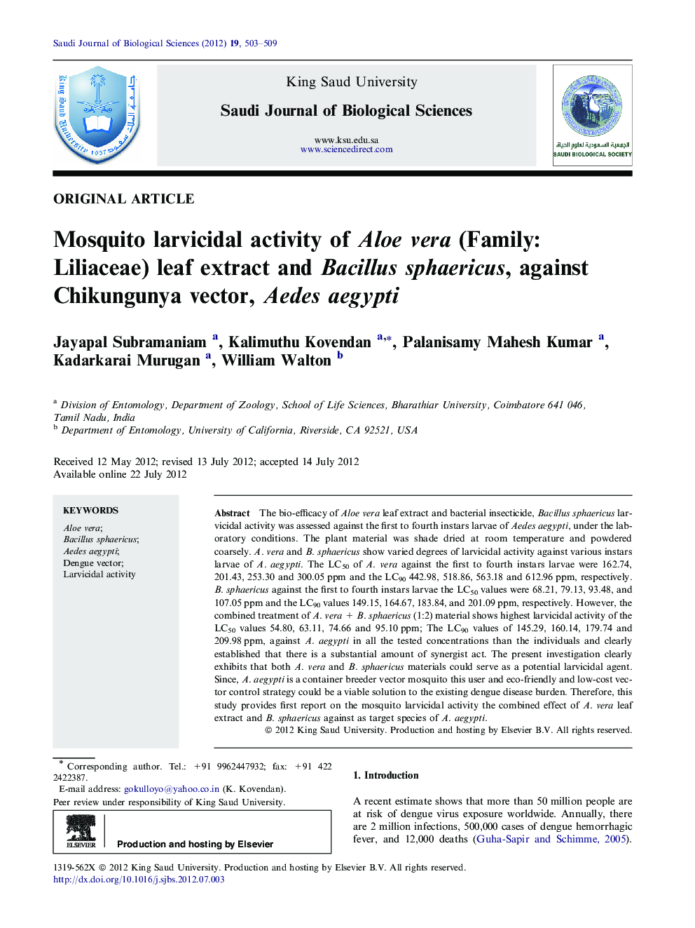 Mosquito larvicidal activity of Aloe vera (Family: Liliaceae) leaf extract and Bacillus sphaericus, against Chikungunya vector, Aedes aegypti 