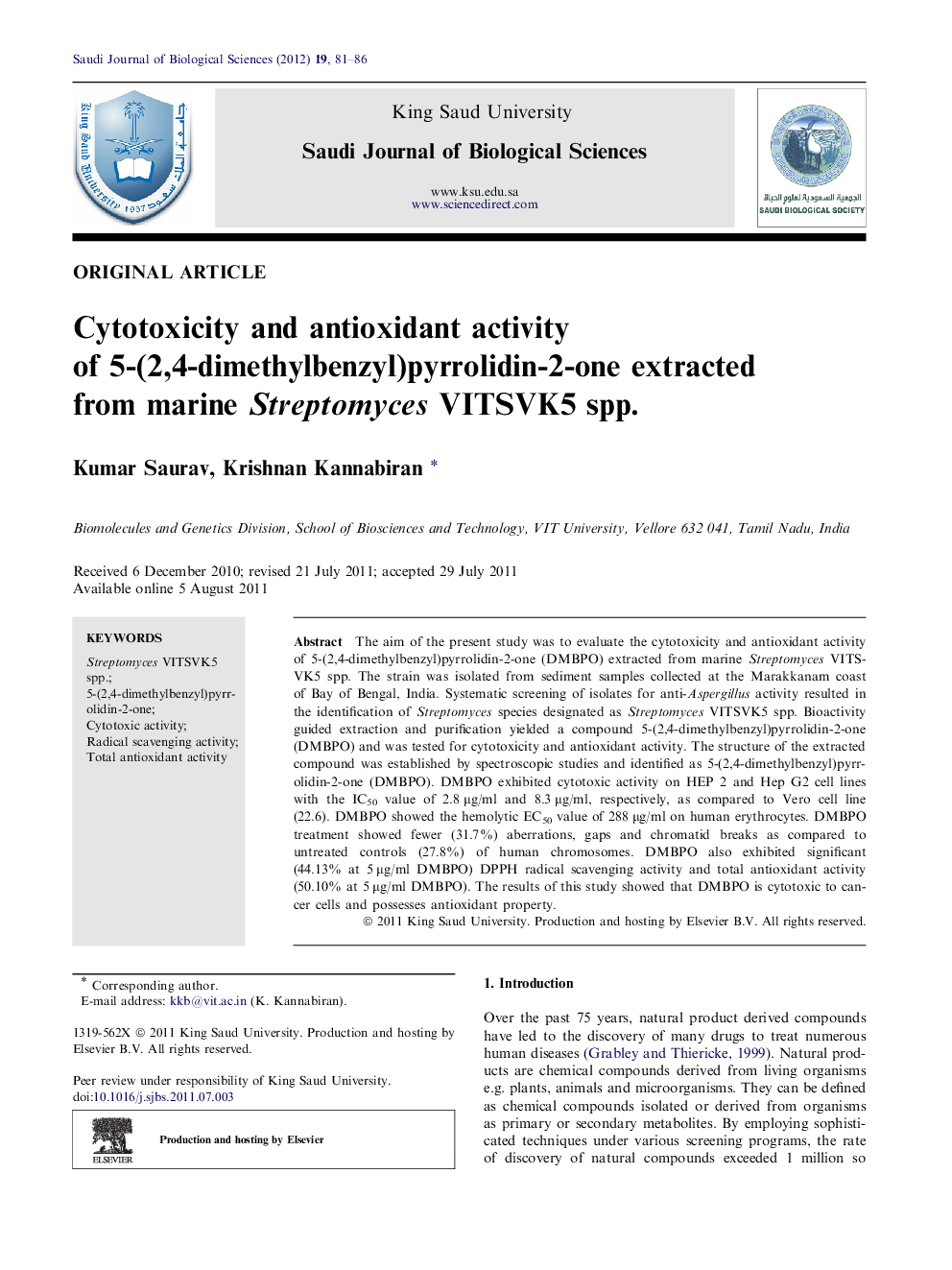 Cytotoxicity and antioxidant activity of 5-(2,4-dimethylbenzyl)pyrrolidin-2-one extracted from marine Streptomyces VITSVK5 spp.