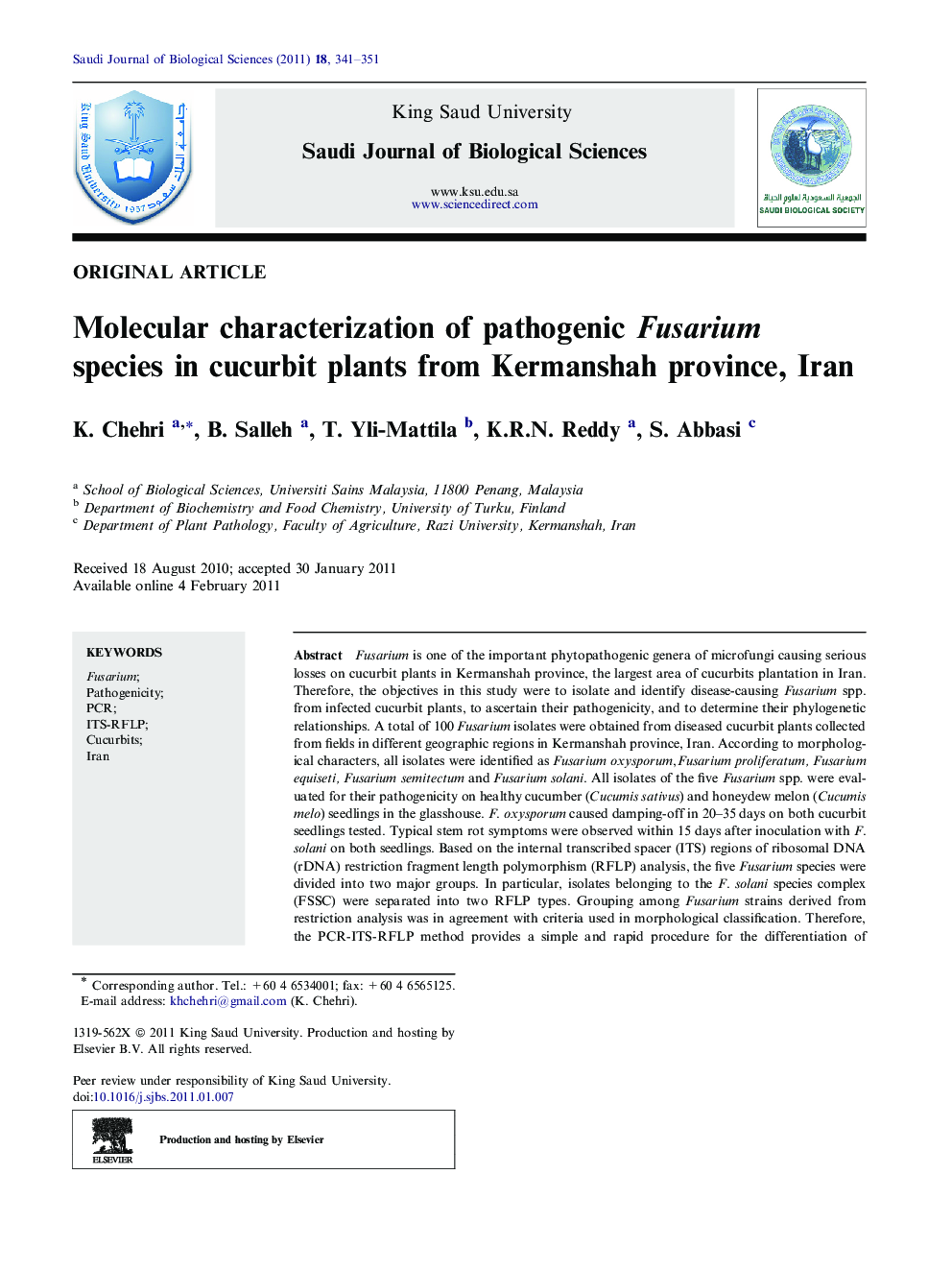 Molecular characterization of pathogenic Fusarium species in cucurbit plants from Kermanshah province, Iran