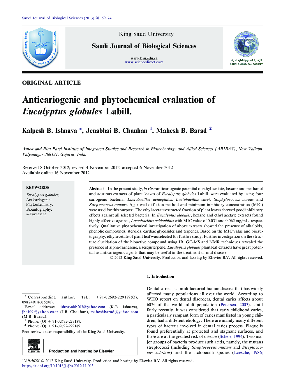 Anticariogenic and phytochemical evaluation of Eucalyptus globules Labill. 