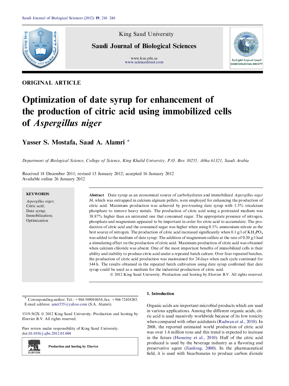 Optimization of date syrup for enhancement of the production of citric acid using immobilized cells of Aspergillus niger