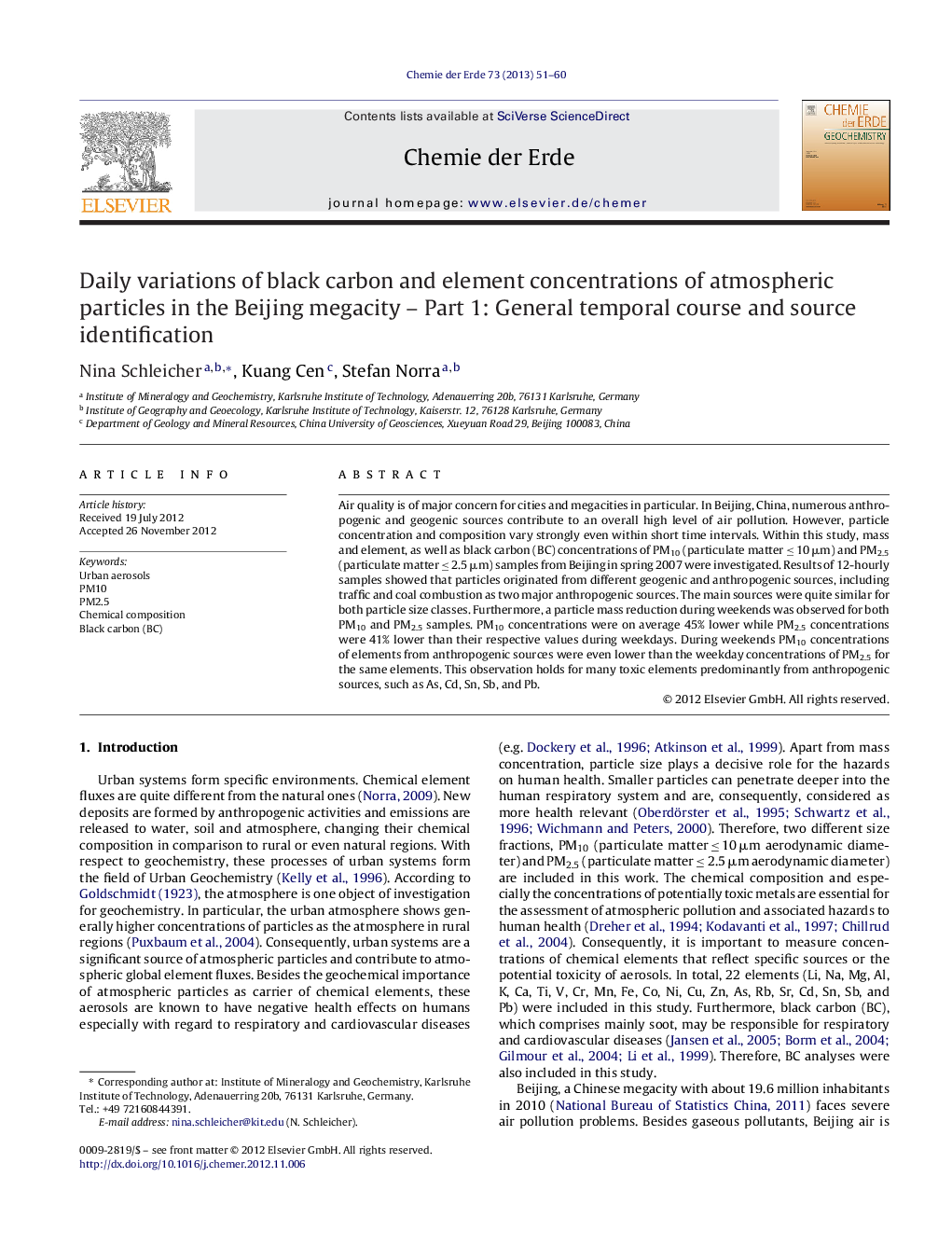 Daily variations of black carbon and element concentrations of atmospheric particles in the Beijing megacity – Part 1: General temporal course and source identification