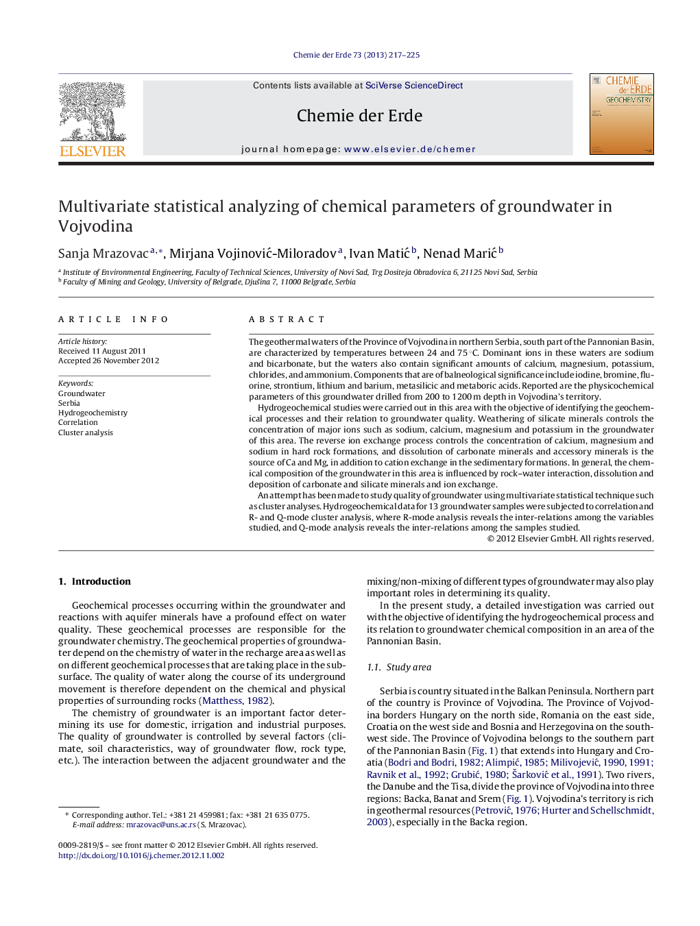 Multivariate statistical analyzing of chemical parameters of groundwater in Vojvodina