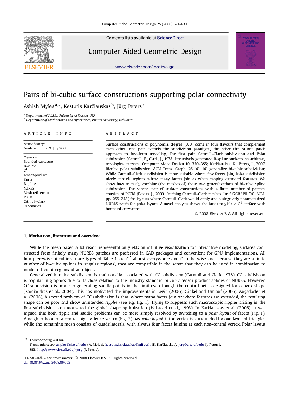 Pairs of bi-cubic surface constructions supporting polar connectivity