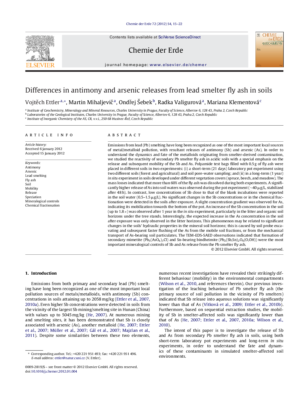 Differences in antimony and arsenic releases from lead smelter fly ash in soils