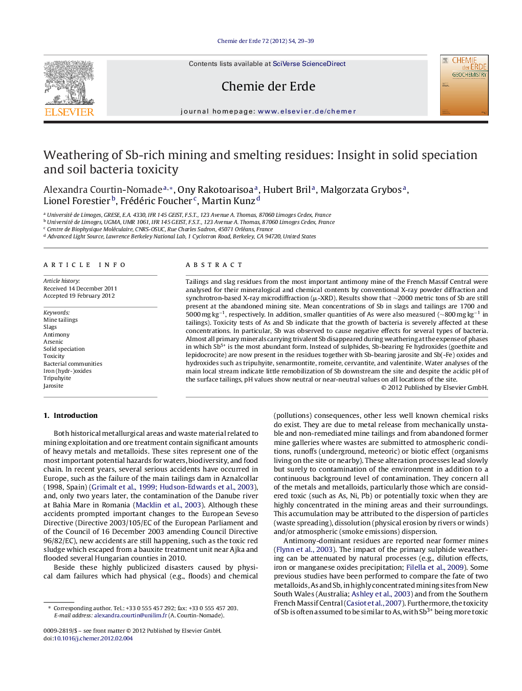 Weathering of Sb-rich mining and smelting residues: Insight in solid speciation and soil bacteria toxicity