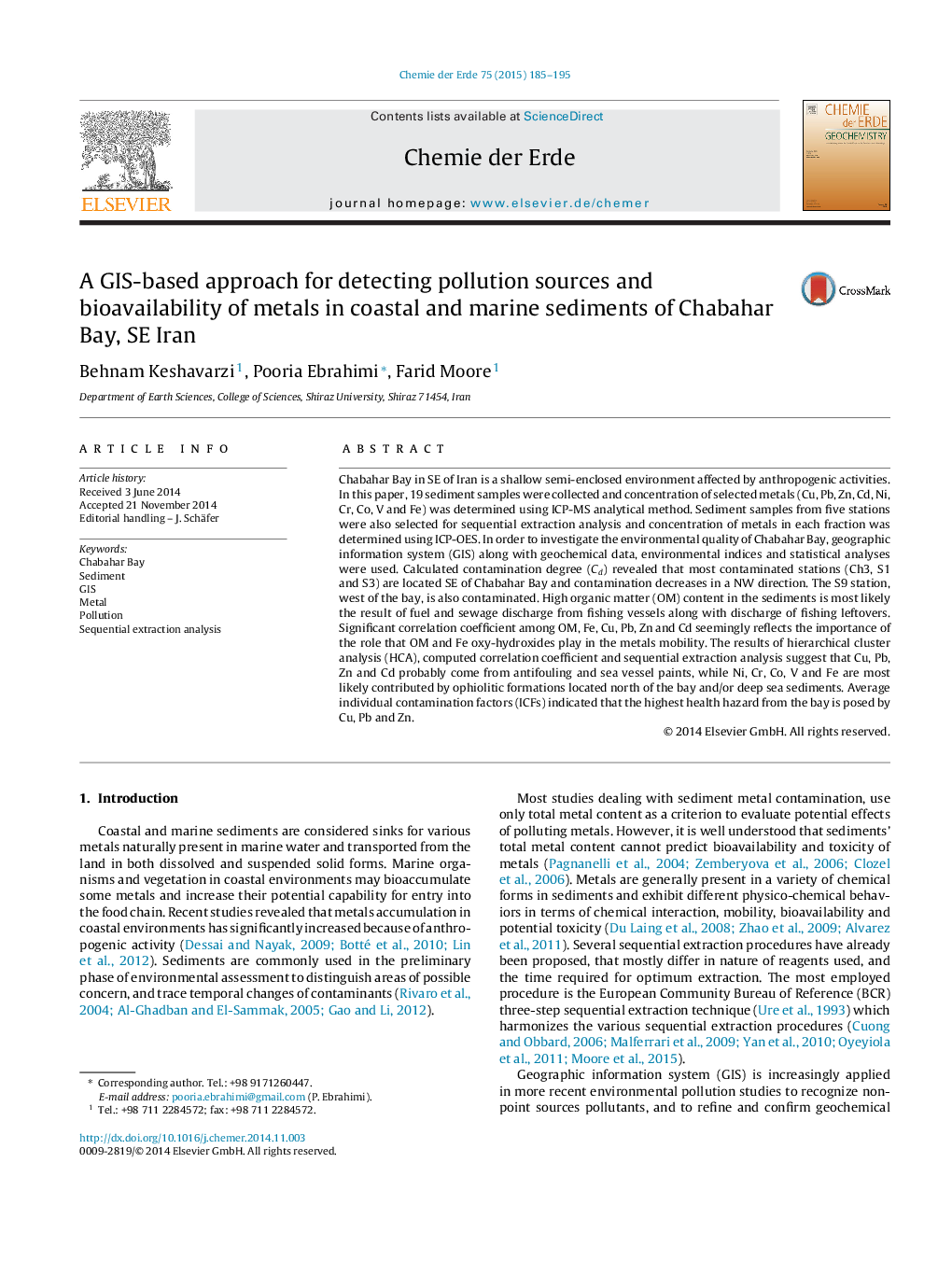 A GIS-based approach for detecting pollution sources and bioavailability of metals in coastal and marine sediments of Chabahar Bay, SE Iran