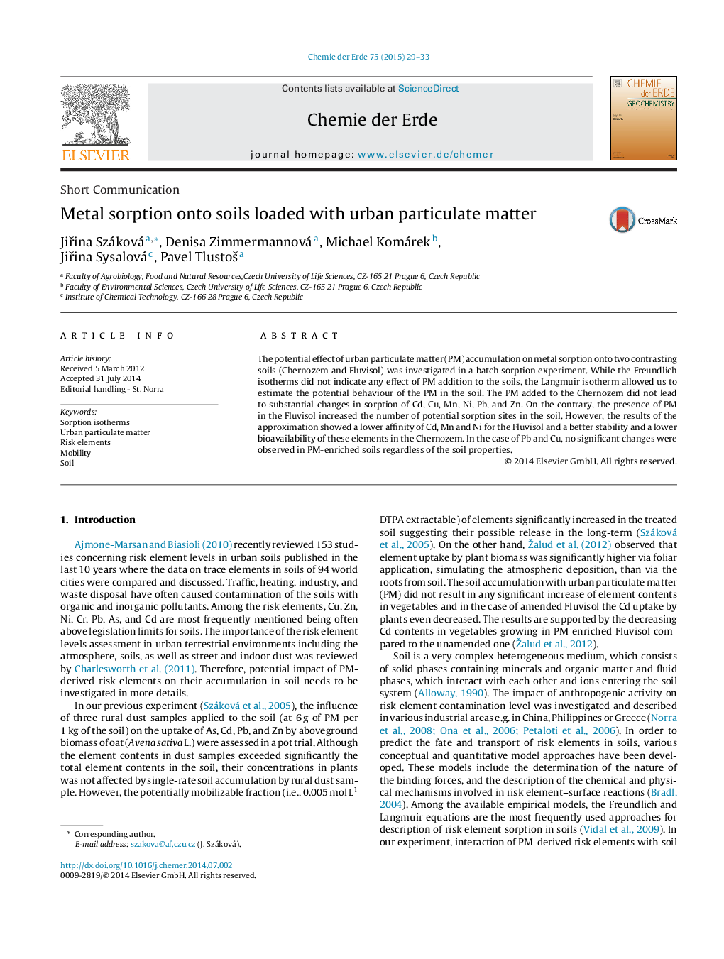 Metal sorption onto soils loaded with urban particulate matter