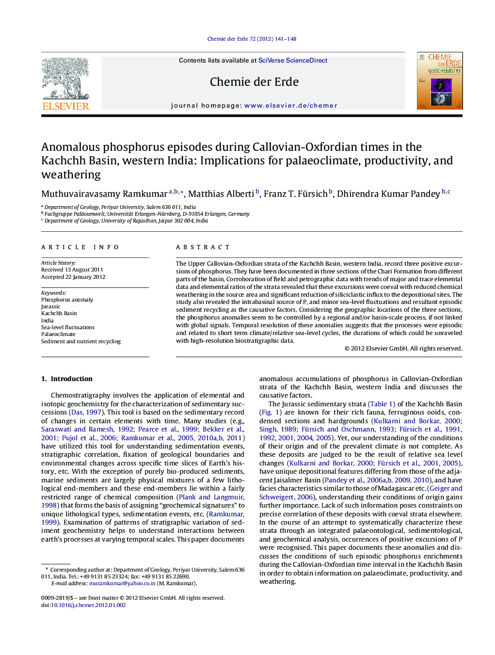 Anomalous phosphorus episodes during Callovian-Oxfordian times in the Kachchh Basin, western India: Implications for palaeoclimate, productivity, and weathering