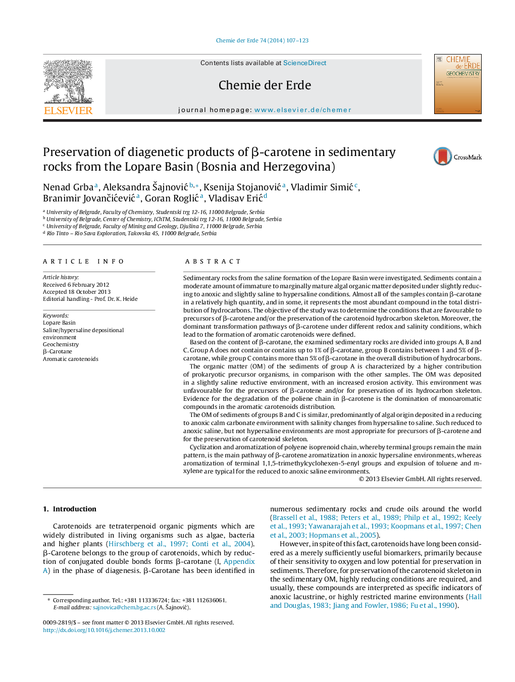 Preservation of diagenetic products of β-carotene in sedimentary rocks from the Lopare Basin (Bosnia and Herzegovina)
