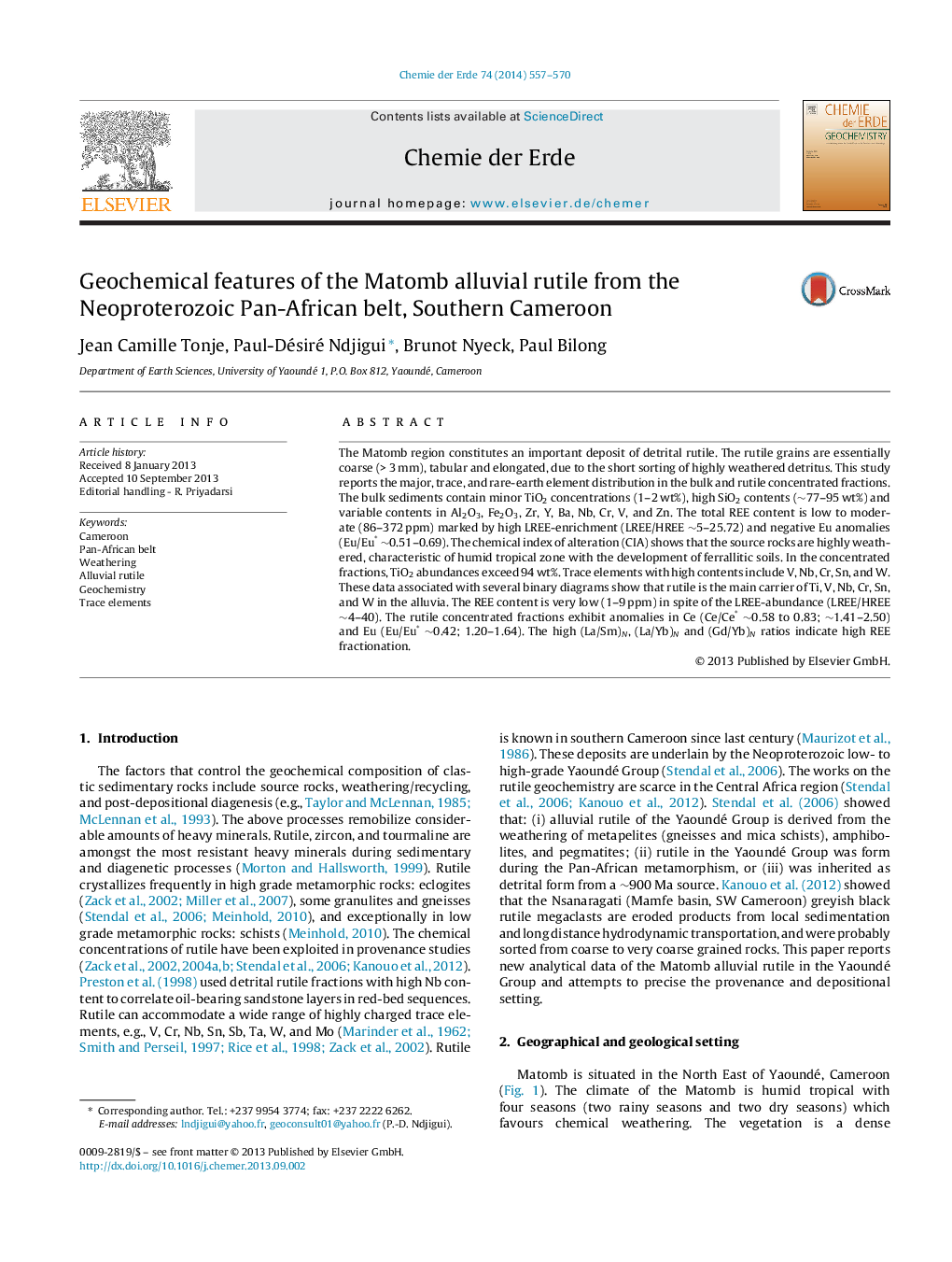 Geochemical features of the Matomb alluvial rutile from the Neoproterozoic Pan-African belt, Southern Cameroon