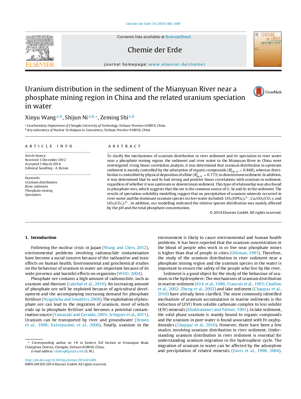 Uranium distribution in the sediment of the Mianyuan River near a phosphate mining region in China and the related uranium speciation in water