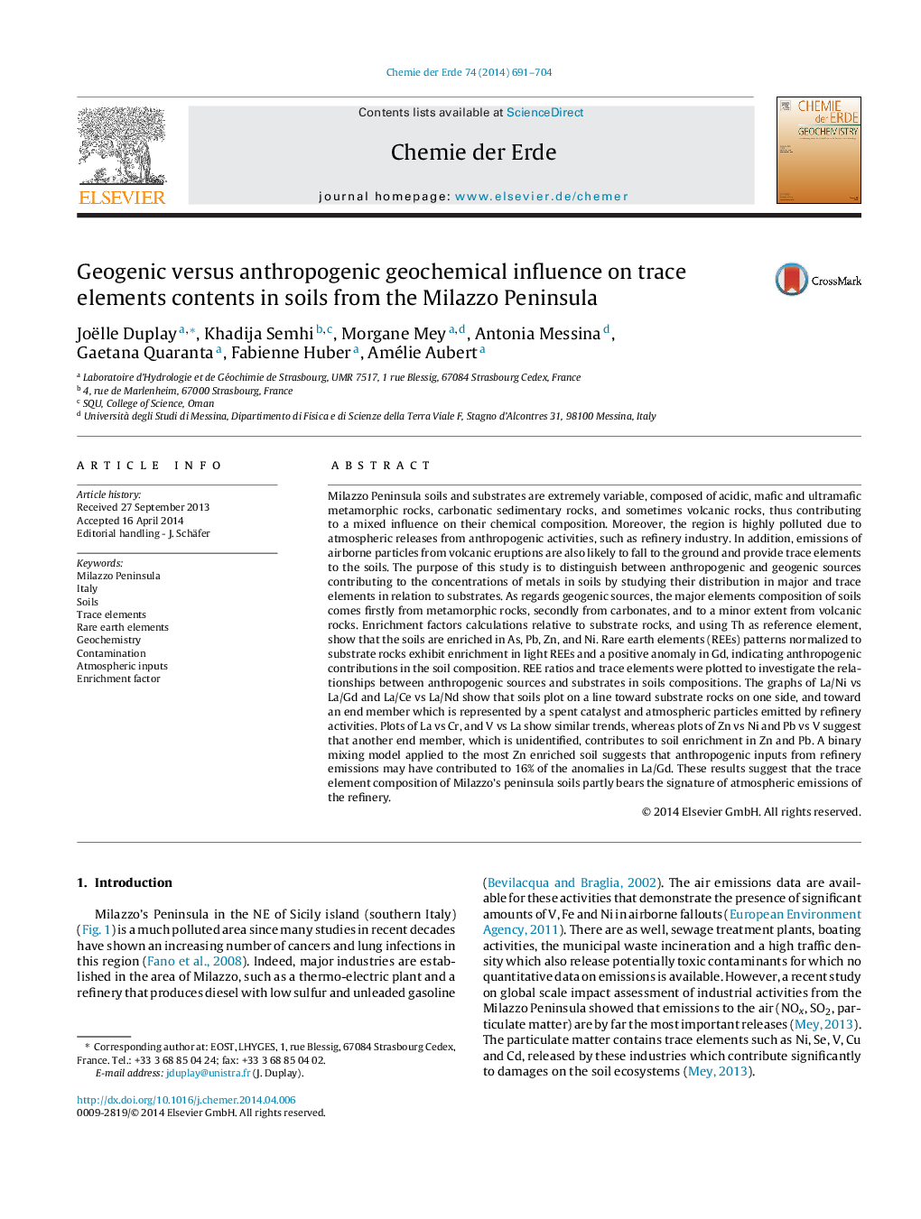 Geogenic versus anthropogenic geochemical influence on trace elements contents in soils from the Milazzo Peninsula