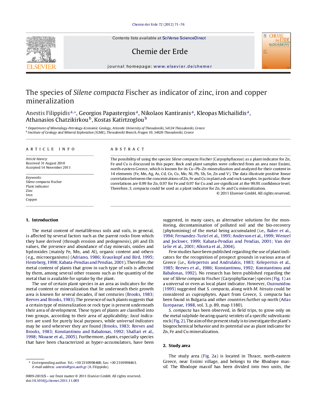 The species of Silene compacta Fischer as indicator of zinc, iron and copper mineralization