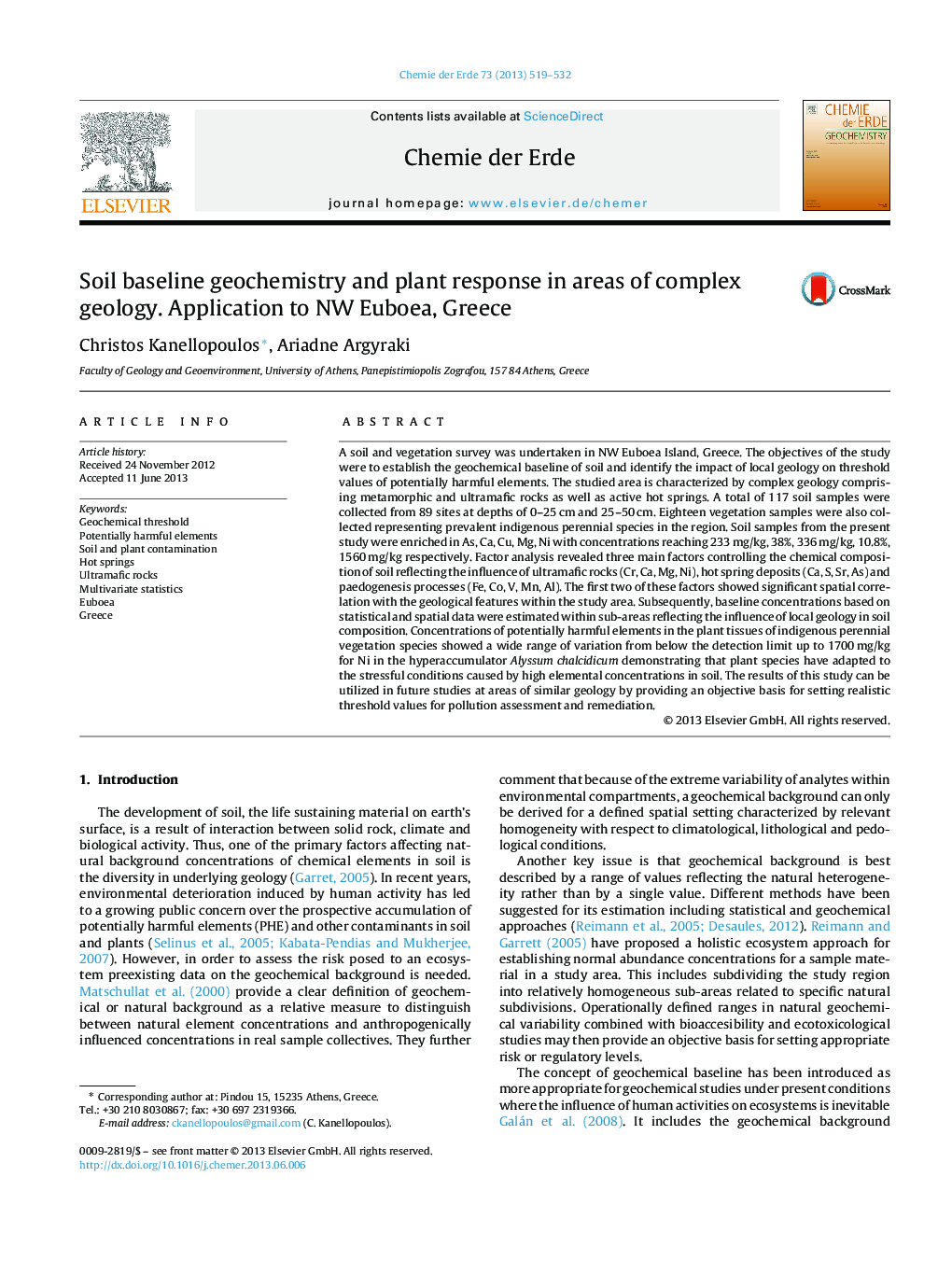 Soil baseline geochemistry and plant response in areas of complex geology. Application to NW Euboea, Greece