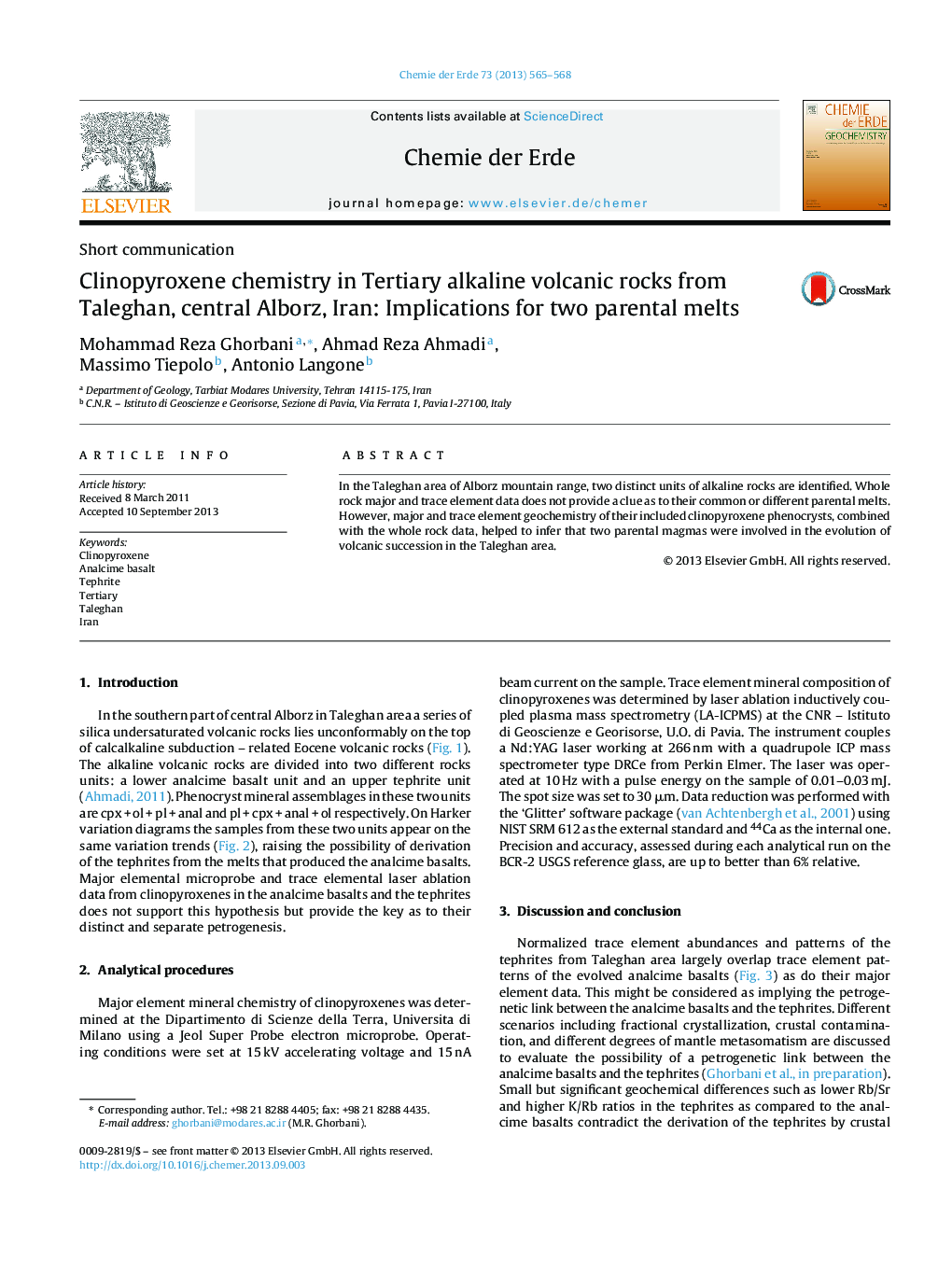 Clinopyroxene chemistry in Tertiary alkaline volcanic rocks from Taleghan, central Alborz, Iran: Implications for two parental melts