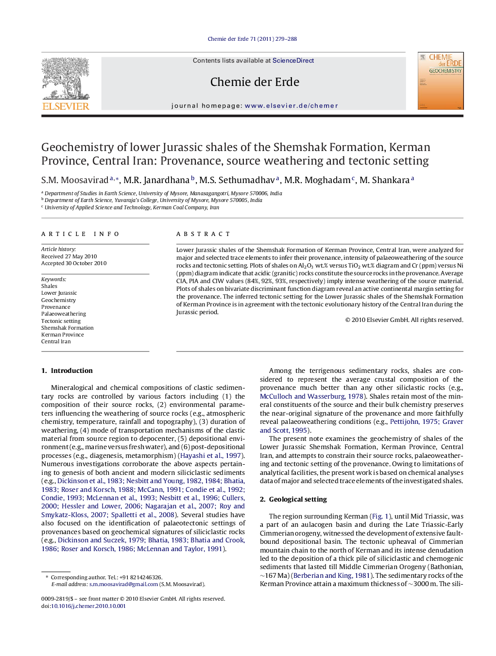 Geochemistry of lower Jurassic shales of the Shemshak Formation, Kerman Province, Central Iran: Provenance, source weathering and tectonic setting