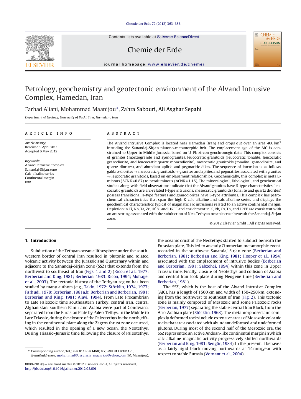 Petrology, geochemistry and geotectonic environment of the Alvand Intrusive Complex, Hamedan, Iran