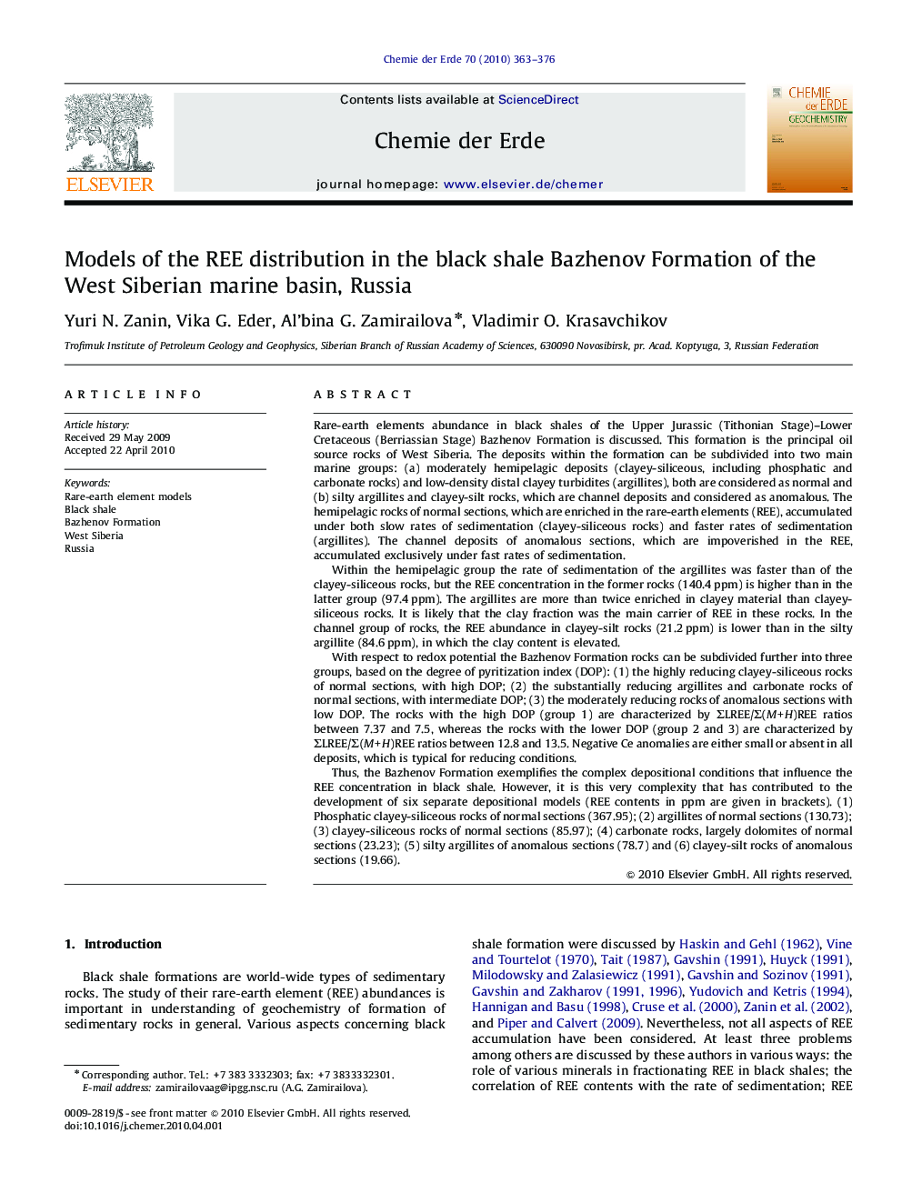 Models of the REE distribution in the black shale Bazhenov Formation of the West Siberian marine basin, Russia