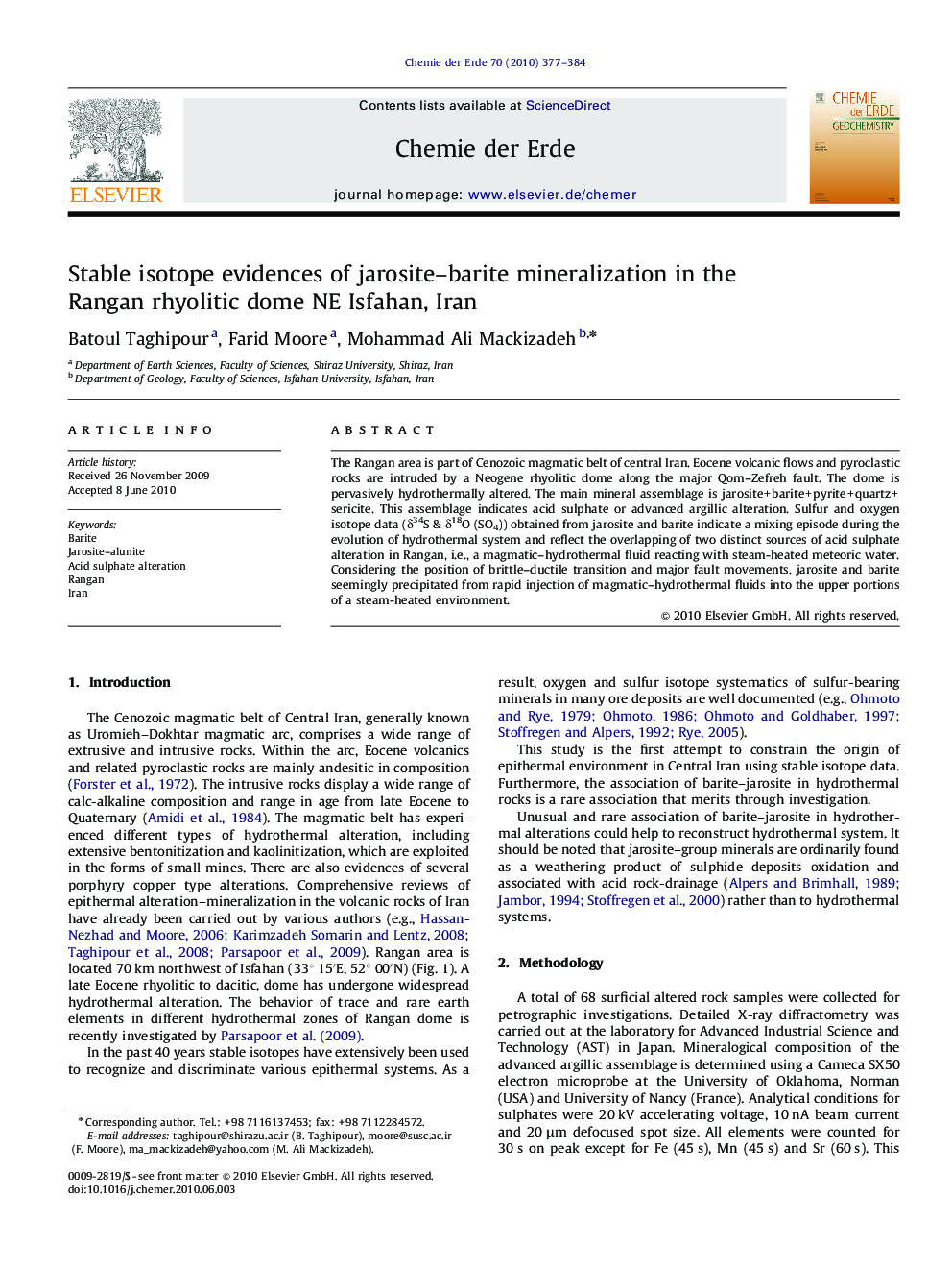 Stable isotope evidences of jarosite–barite mineralization in the Rangan rhyolitic dome NE Isfahan, Iran